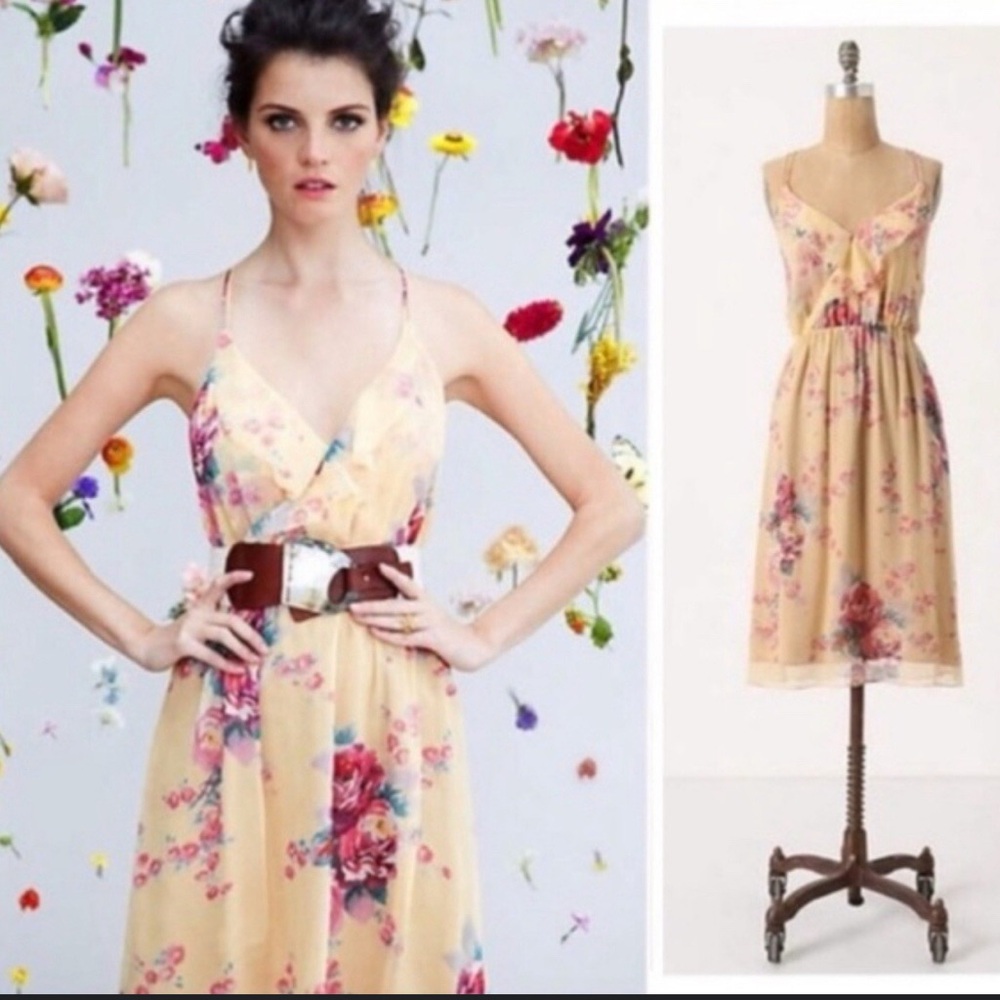 Anthropologie Floral Midi Dress in Cream and Pink